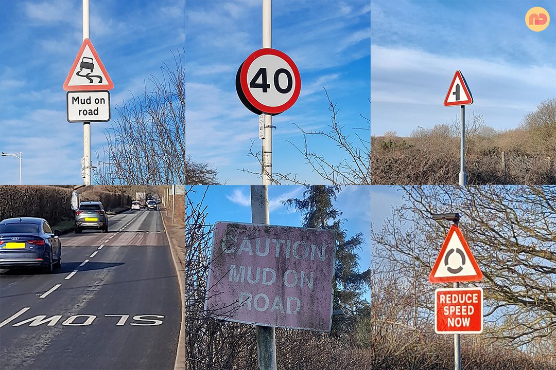 Road signs showing why using a mobile phone whilst driving is not a good idea. The signs are: 40mph speed limit, mud on bendy road, cars emerging from side, slow down, ad roundabout