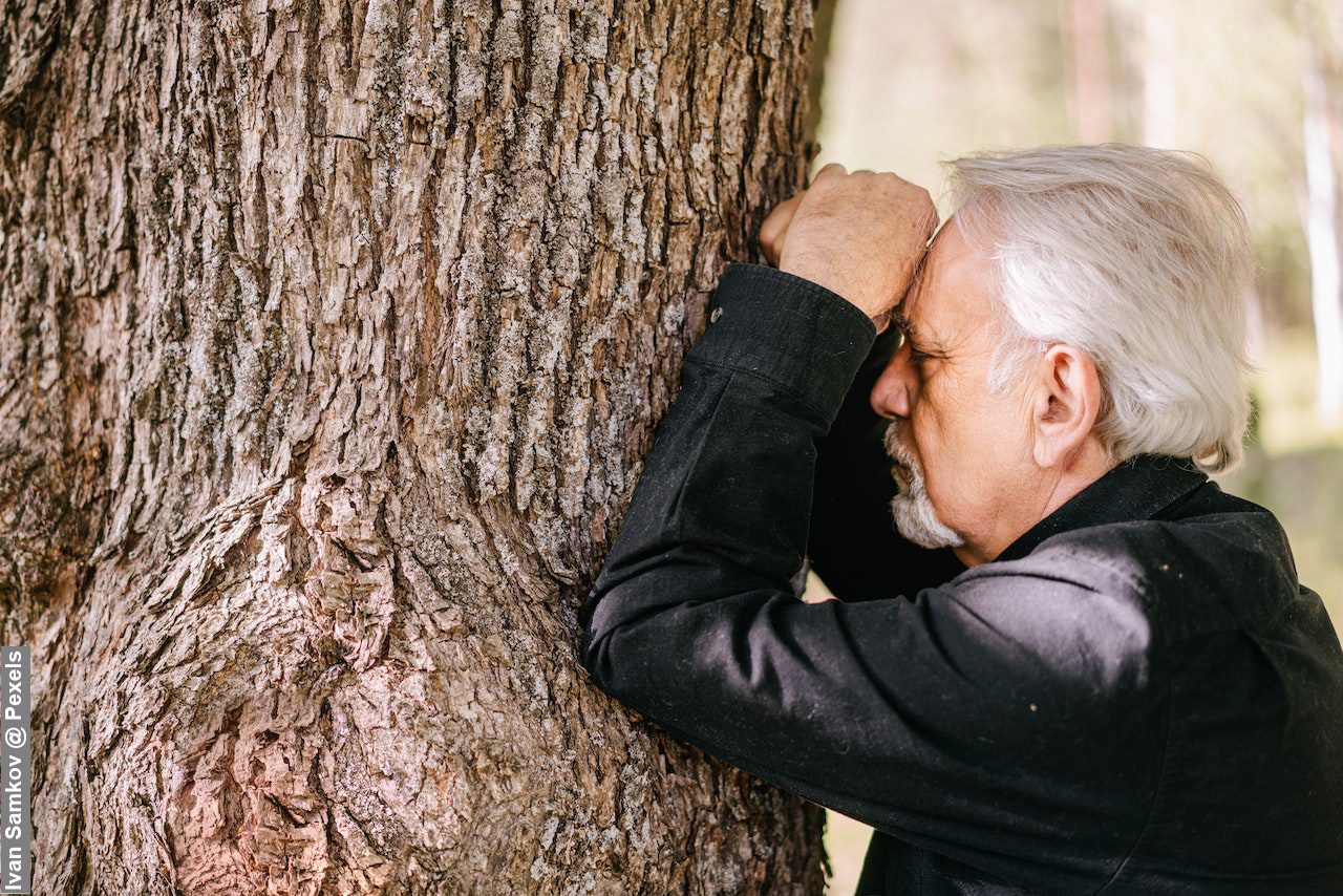 A man in grief leaning on a tree