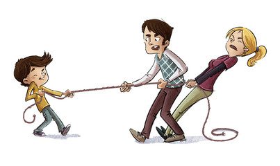 Parents in a tug of war rope pulling contest with child