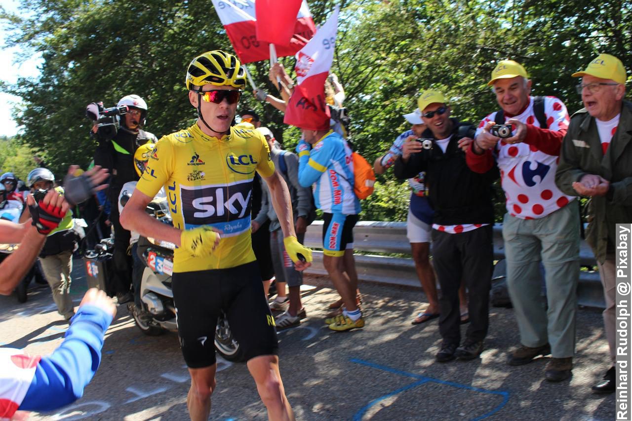 Cyclist Chris Froome running up mont Ventoux during Tour De France