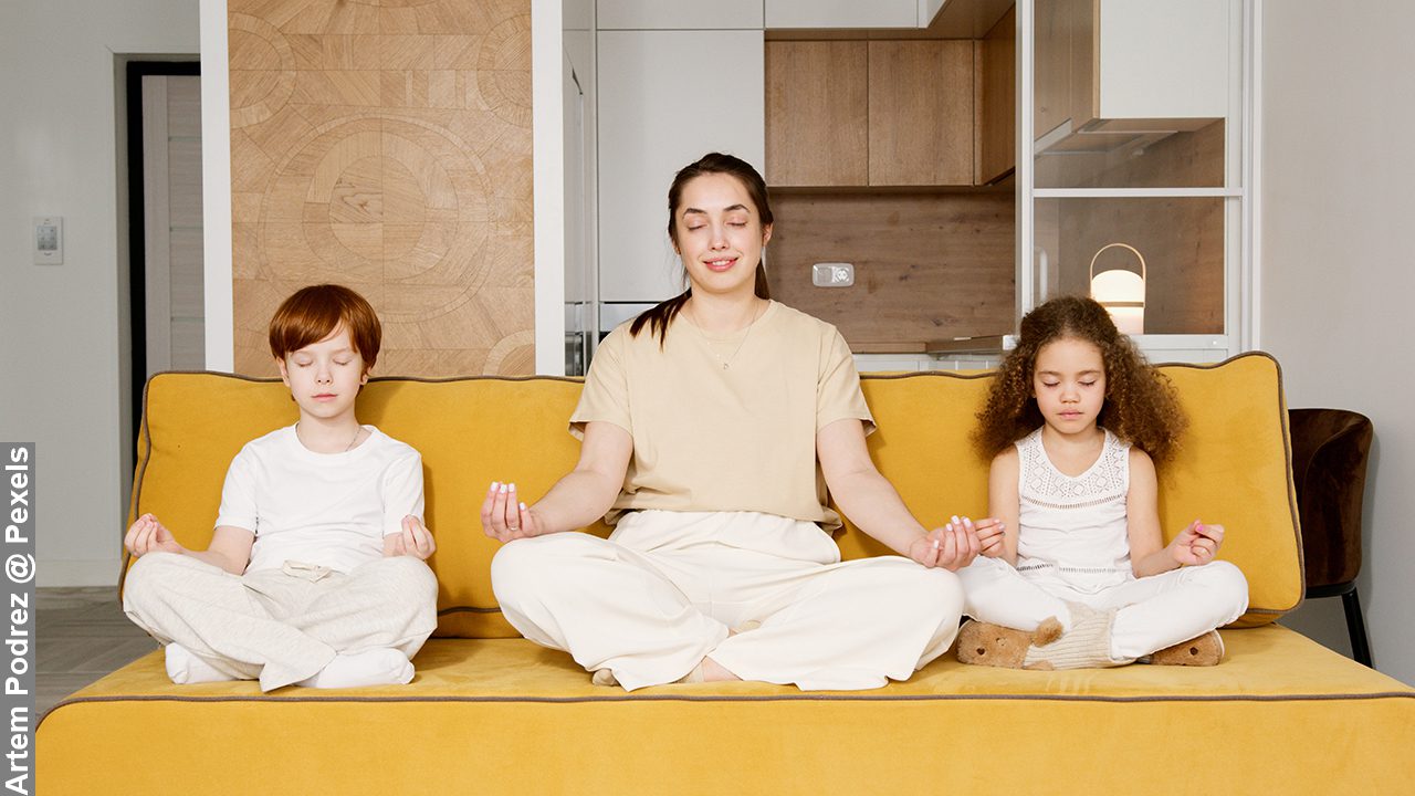 Mum Practice Mindfulness and Meditating with Three Her Children
