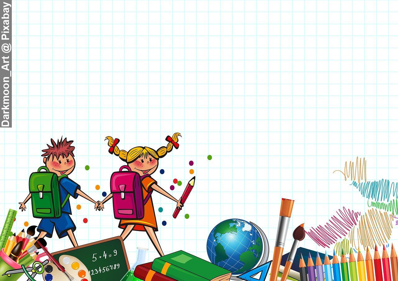 Clip art of a brother and sister going to school after holidays with full stationery