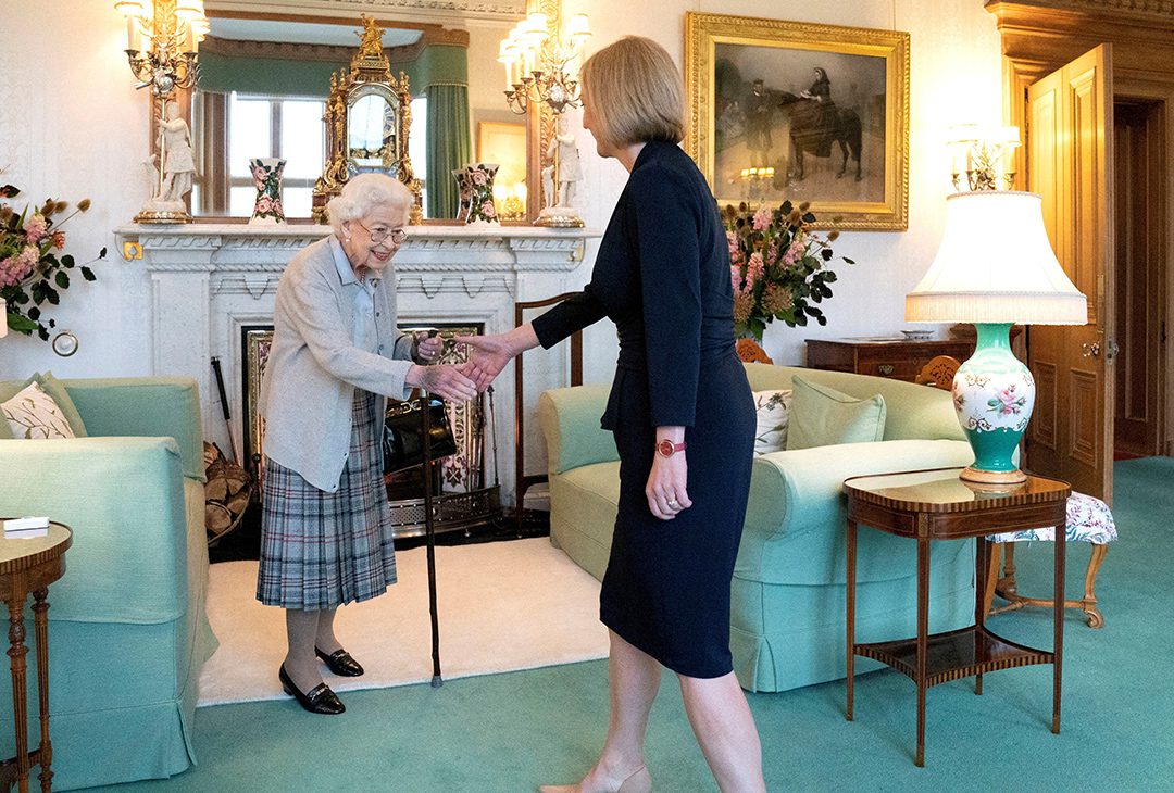 FILE PHOTO: Queen Elizabeth welcomes Liz Truss during an audience where she invited the newly elected leader of the Conservative party to become Prime Minister and form a new government, at Balmoral Castle, Scotland, Britain September 6, 2022. Jane Barlow/Pool via REUTERS/