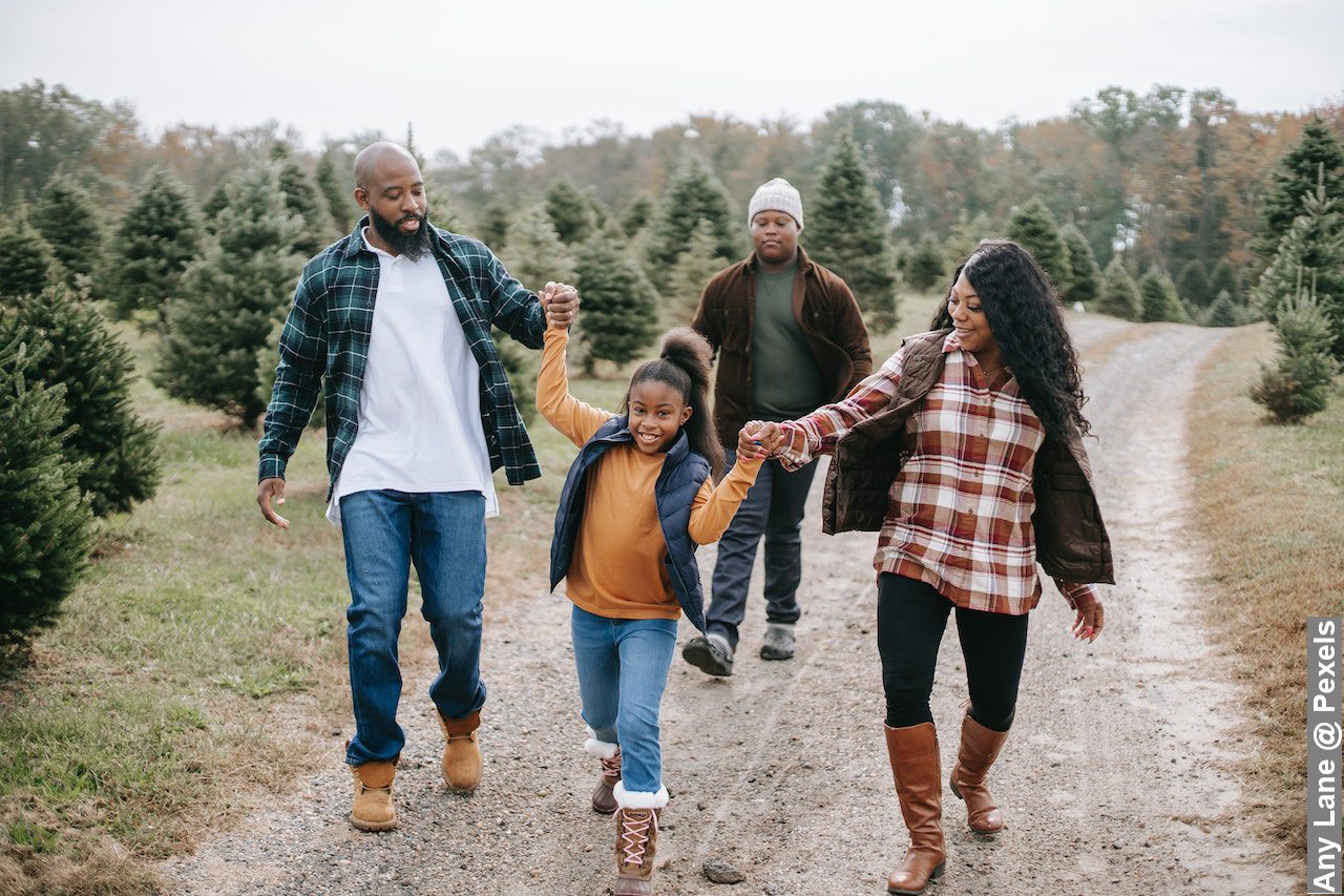 Smiling ethnic family walking on tree farm road looking for a tree