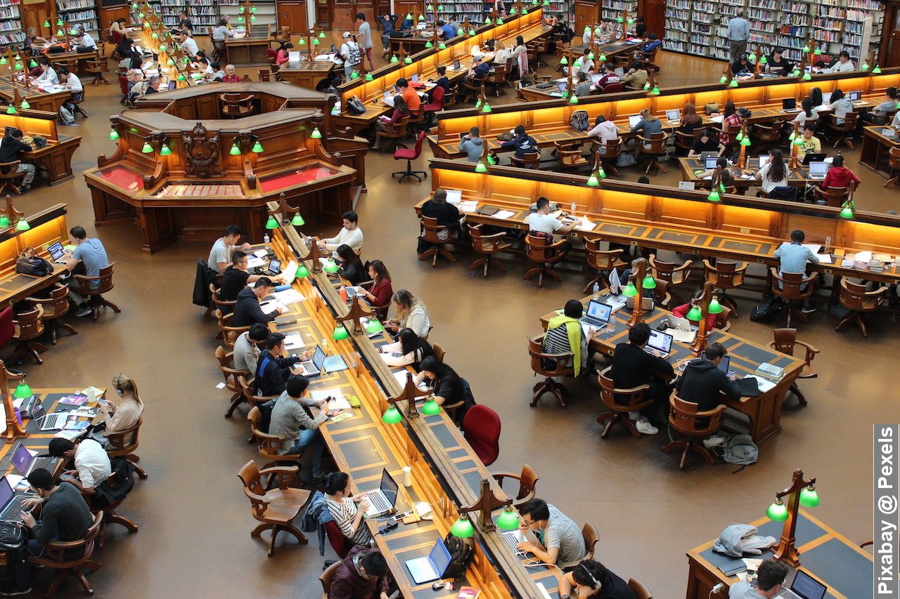 Library High Angle Photro littered with lots of students