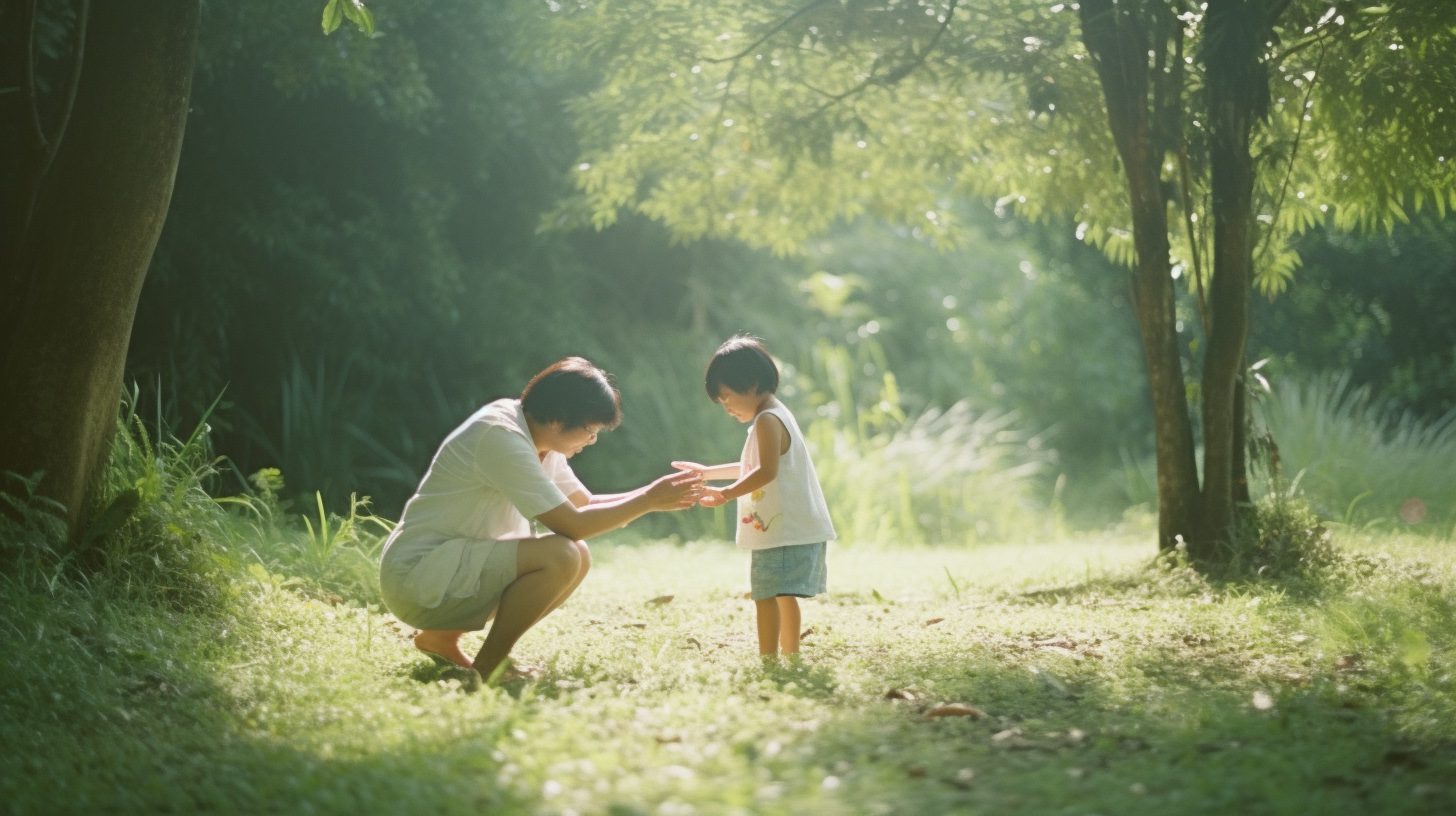 A heartwarming image of a parent praising their child for their effort in a fresh, outdoor environment, with the child beaming with pride.