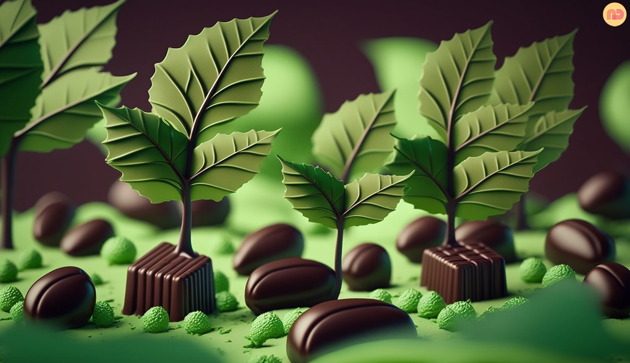 Chocolates growing on green tress. Chocolates base with tress spouting from it. Lovely green and brown setting.