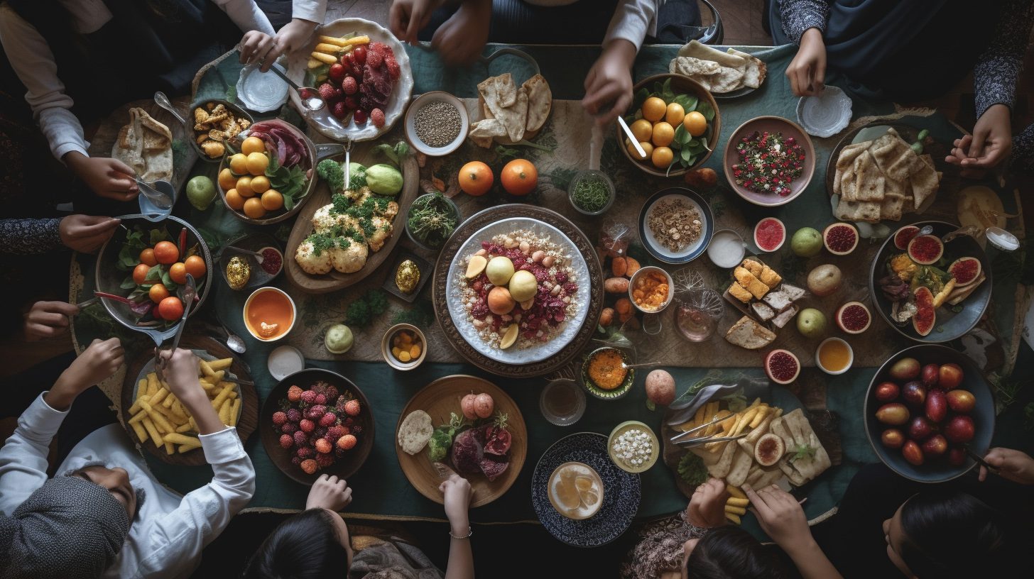 An ultra-realistic, high-quality photograph of a diverse Islamic family gathered together around a table filled with healthy foods for breaking the fast during Ramadan. The family members various backgrounds, ages, and cultures, and display a range of attire, reflecting the diversity within the Islamic community. They are joyfully sharing dates, fruits, nuts, yogurt, and water, emphasizing unity and inclusivity during this holy month.