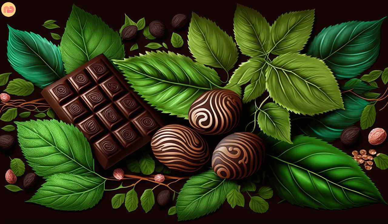 Image demonstrating the health benefits of chocolate. Easter Eggs lying on leaves with additional small pieces of chocolate around the leaves.