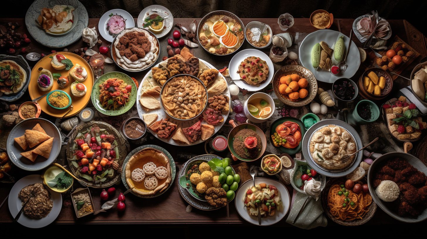 A festive table with various dishes and sweets from different cultures and cuisines. This image shows the richness and variety of Eid al-Fitr food, as well as the joy and gratitude of sharing it with others. It also shows some of the common and different ways that Muslims celebrate Eid al-Fitr around the world.