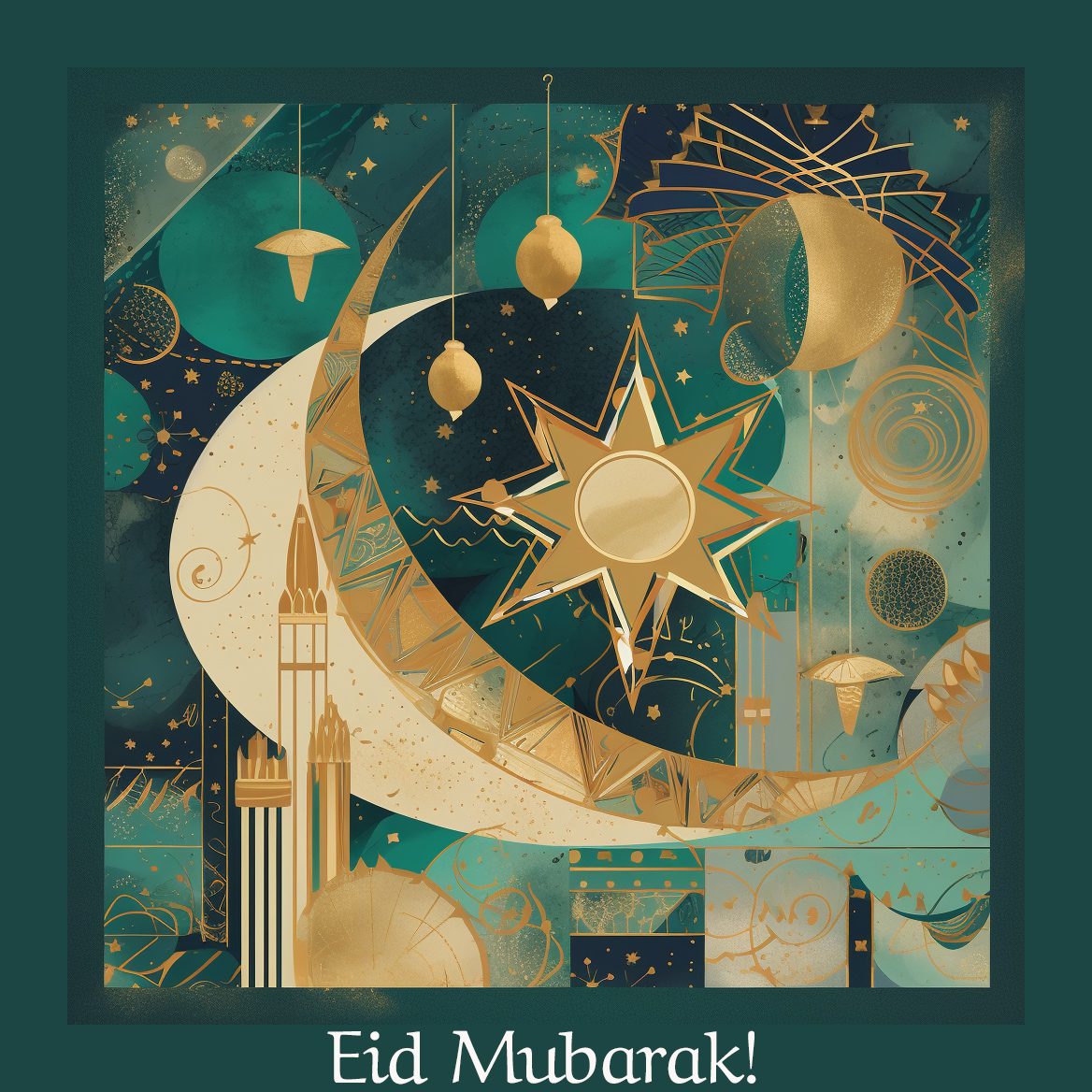 A vibrant, abstract Eid Mubarak illustration featuring a crescent moon, star, and festive elements in a warm and inviting color palette.