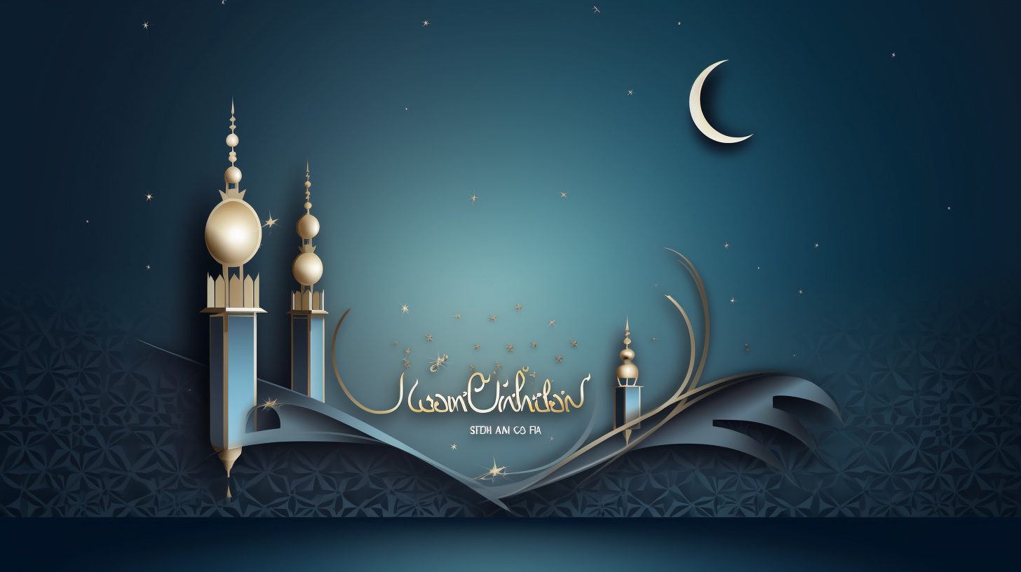 Artistic impression of Islamic building with crescent moon and a star on a dark blue background, with Islamic writing