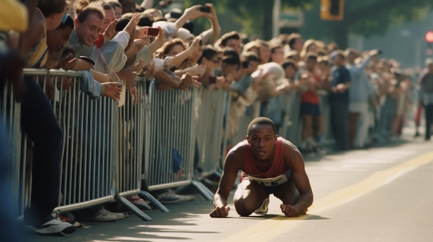 An inspiring image of a marathon runner overcoming obstacles, pushing through exhaustion, and showing determination as they approach the finish line.