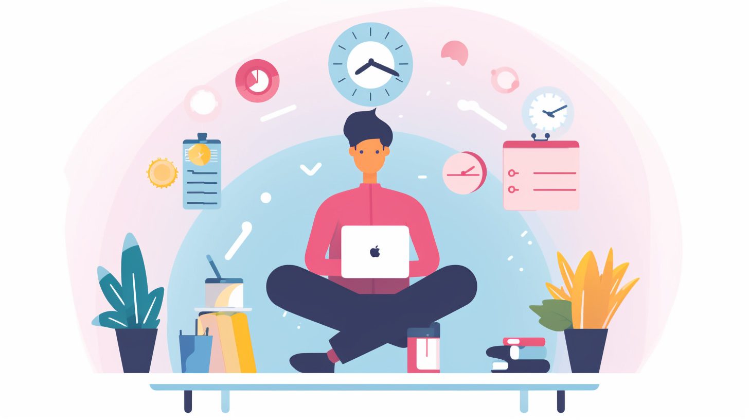 Illustration of a focused woman sitting cross-legged on a mat, surrounded by elements representing routines and constraints, working on her daily tasks to reduce stress and anxiety.