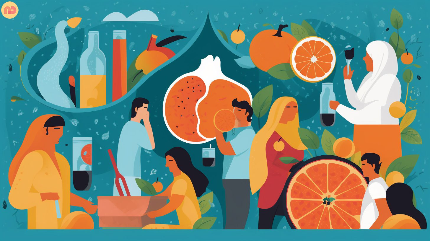 A collage-style illustration showing diverse people exercising, nutritious foods, a happy family, a water bottle, and a Ramadan symbol, representing a balanced and wholesome Ramadan experience. Show how blood sugar levels during Ramadan can be controlled with thought