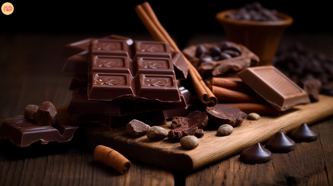 Health benefits of chocolate, a selection of chocolate and beans and ingredients on a table