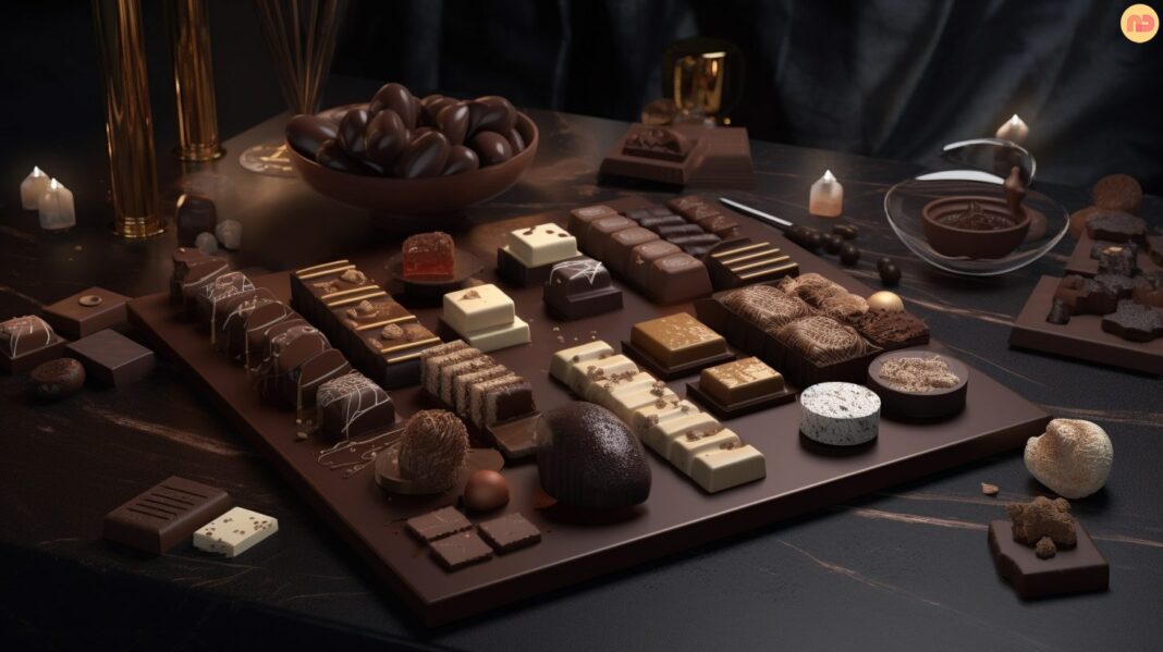 Photo realistic, rendered, heavenly assortment of exquisite Swiss chocolate, elegantly laid out on pristine marble table, featuring velvety truffles, decadent pralines, rich, dark squares, each piece glistening with perfection, background warm ambiance of artisanal chocolate shop envelops the senses, delicate aroma of cocoa wafts through the air