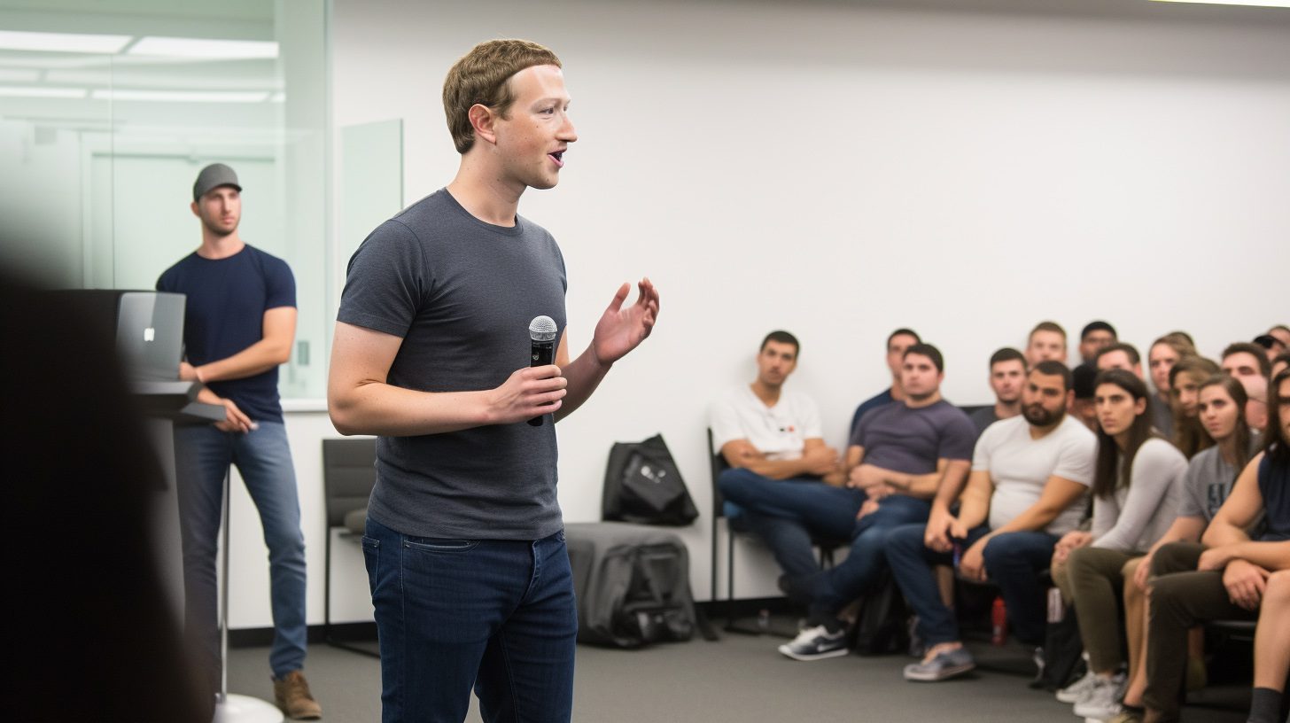 Facebook CEO Mark Zuckerberg wearing a plain grey T-shirt and jeans, standing in a well-lit office, engaged in delivering a talk to an attentive audience. Mark Zuckerberg embracing routines and constraints, so he can mental capacity for making more significant decisions at work.