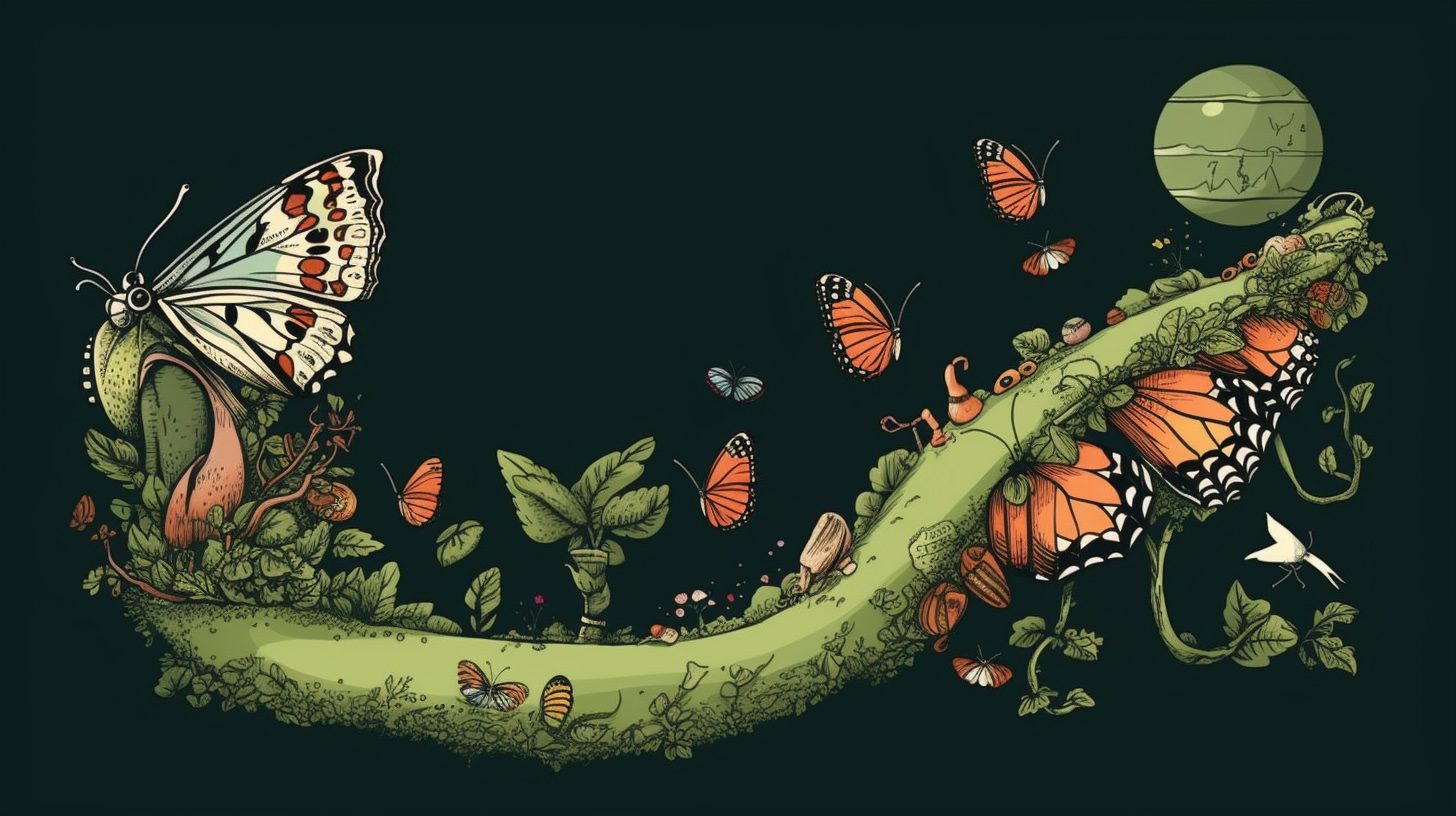 Transform Fear into Compassion. A digital illustration of a caterpillar, a chrysalis, and a butterfly on a branch with leaves. The caterpillar is eating a leaf and has dark and cold colors, symbolizing fear and ignorance. The chrysalis is wrapped in a cocoon and has neutral colors, symbolizing transition and reflection. The butterfly is flying and has warm and bright colors, symbolizing growth and compassion. The color palette of the illustration changes from left to right to show the transformation from fear to compassion