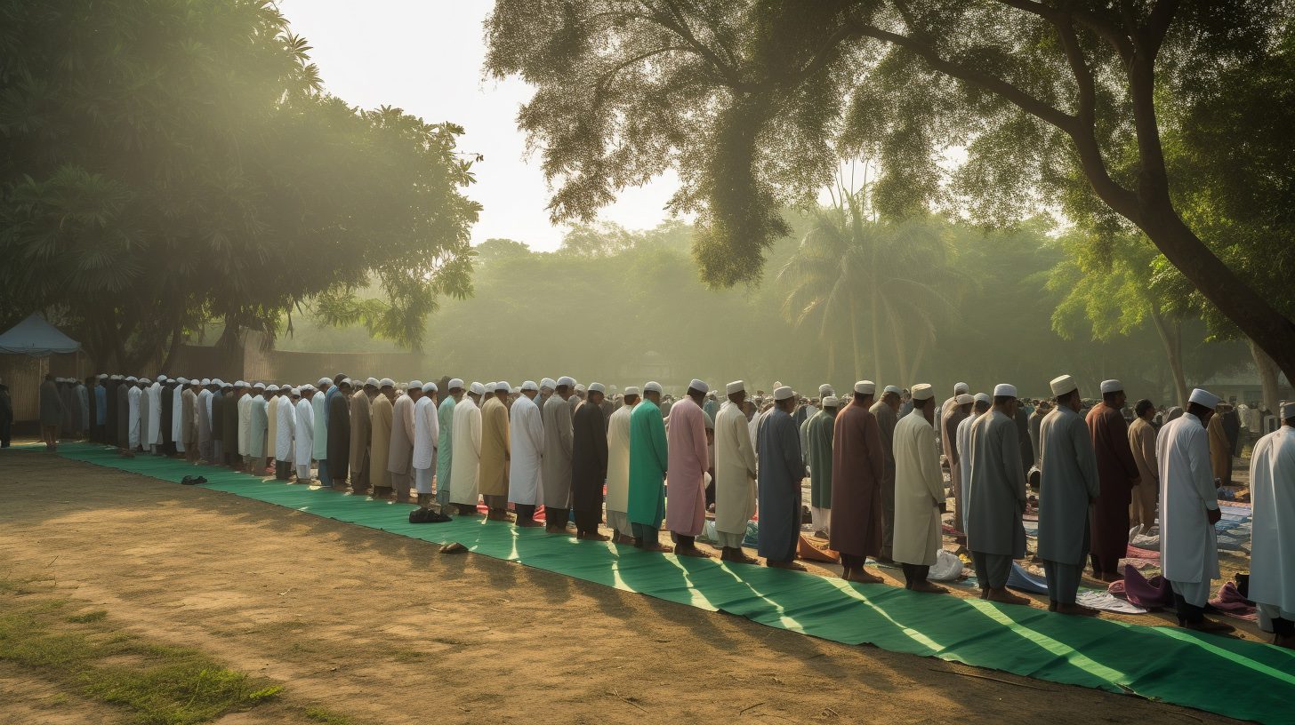 Muslims performing the Eid prayer in an open field with greenery in the background. This image shows the diversity and unity of Muslims, as they wear different clothes and colors but stand in rows and face the same direction. It also shows the importance and significance of the Eid prayer, which is one of the main practices and traditions of Eid al-Fitr.