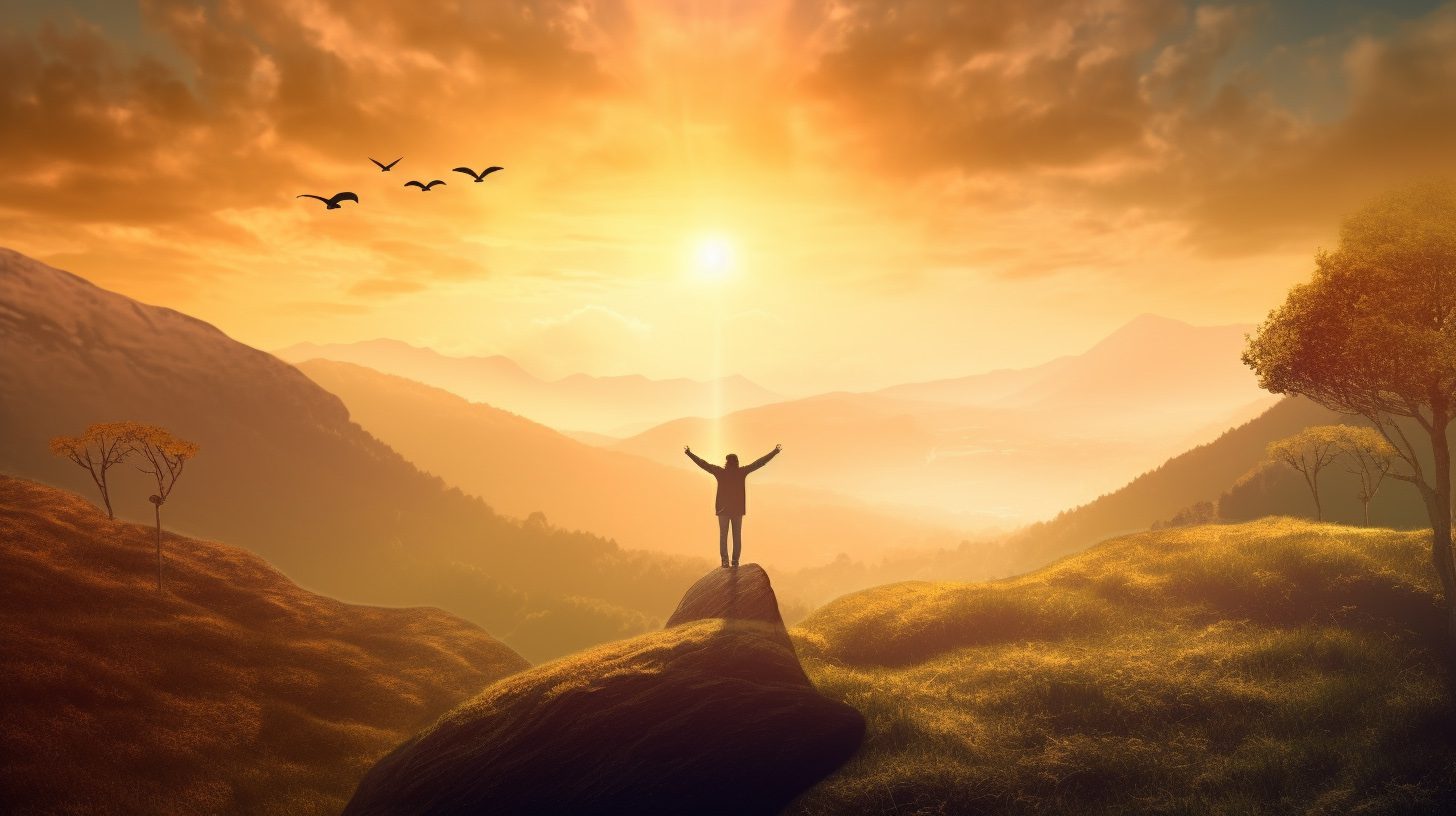 A person standing on a hilltop with arms outstretched, embracing the warmth of the sun as they overcome negative emotions and embrace personal growth.