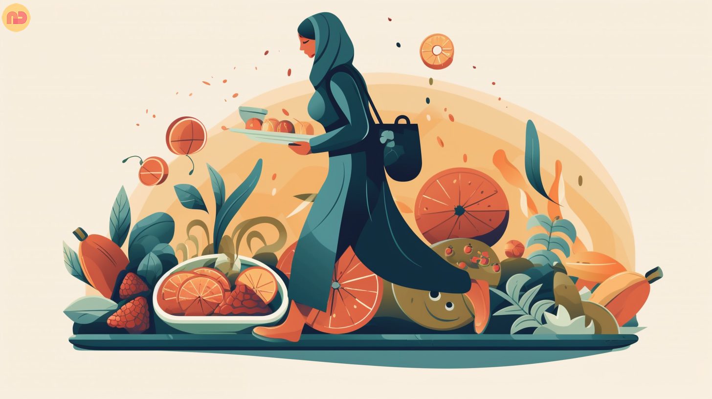 An illustration of a person walking while carrying a plate of fruits, vegetables, and lean protein during Ramadan, with a prominent water bottle and clock symbolizing the importance of hydration and fasting hours.