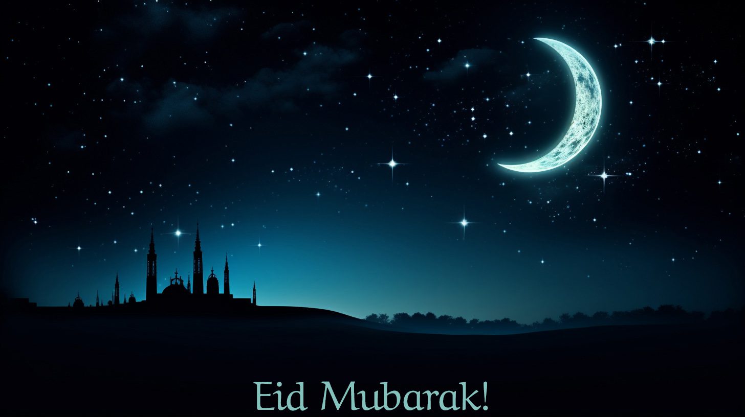 A crescent moon and a star on a dark blue background with and silhouette of Mosque in background. This image is a symbol of Islam and Eid al-Fitr, the festival of breaking the fast that marks the end of Ramadan. It conveys a message of happiness and blessing for the occasion.