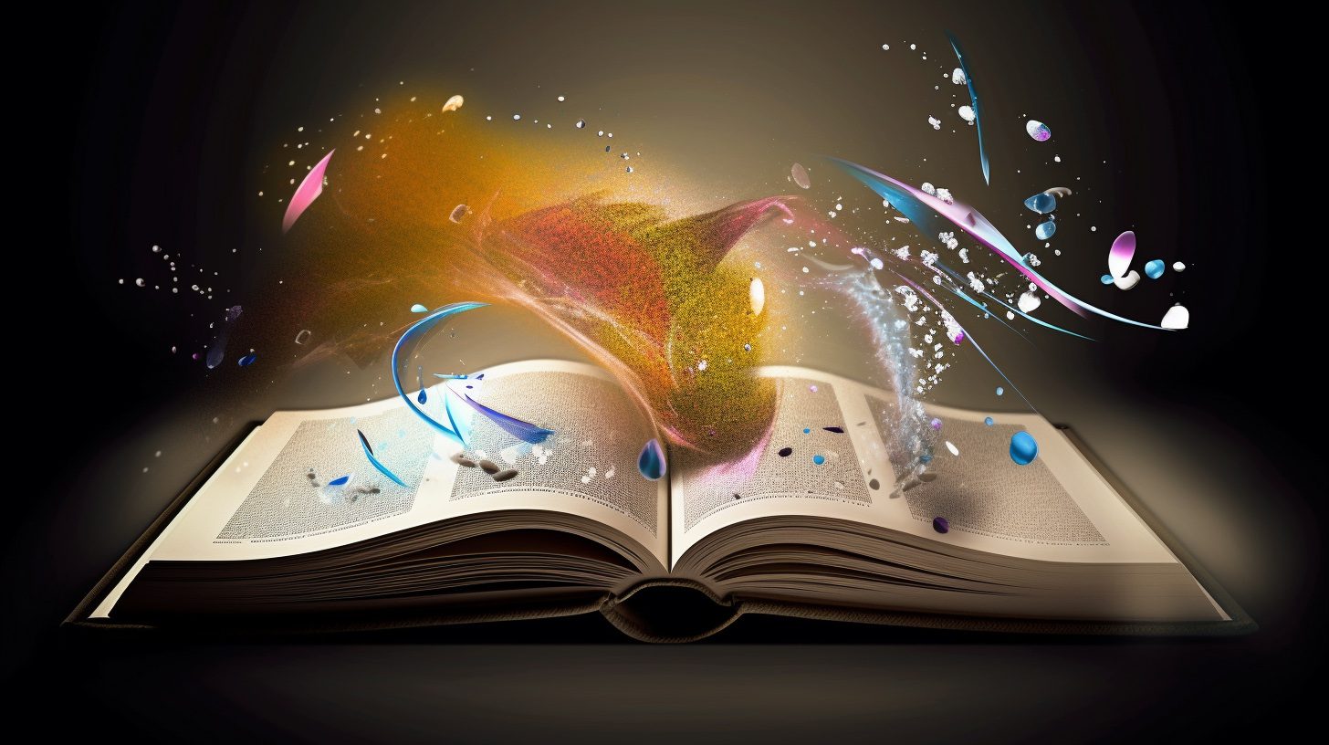 A digital illustration of an open book with a blue cover and white pages on a dark background. The book has various abstract symbols floating out of its pages, such as a star, a heart, a spiral, a circle, and a triangle. The symbols have different colors and sizes and symbolize the power of parables in personal growth and transformation