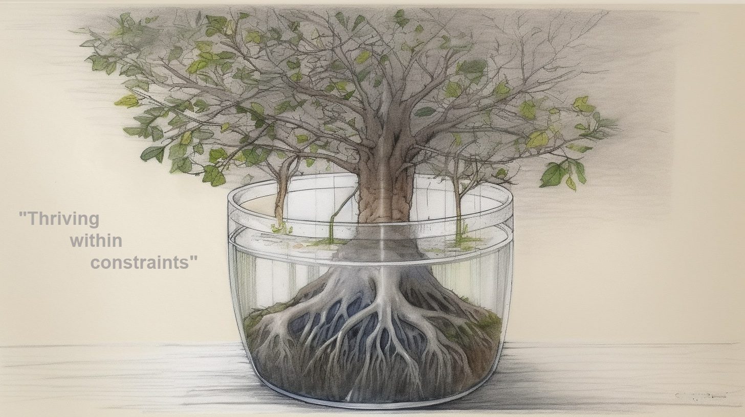 A pencil sketch of a large tree with green leaves thriving in a small transparent glass pot, roots visibly pushing against the pot's walls.