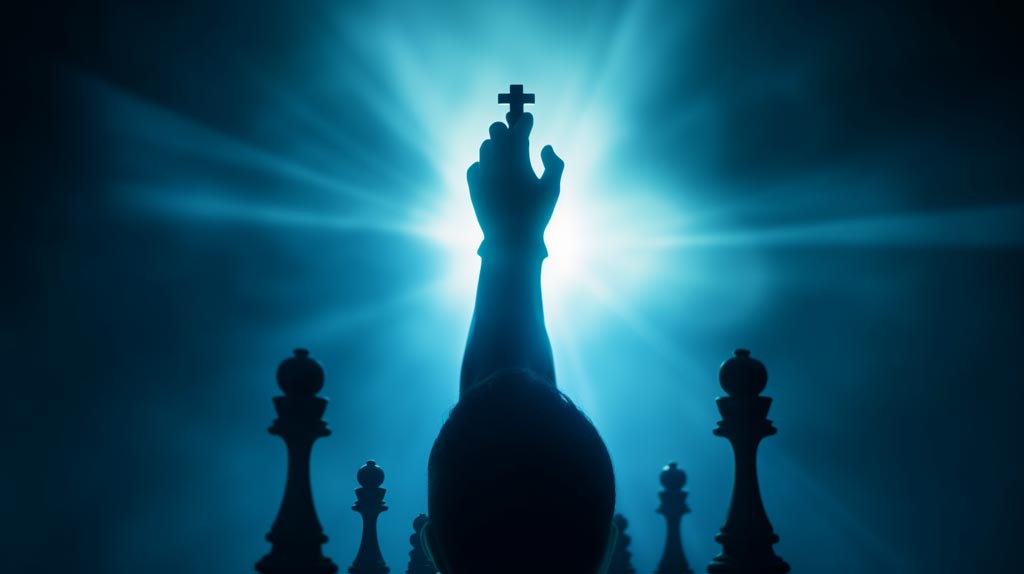 An image showing plea for honesty, a figure of authority, standing tall and illuminated by strong overhead light. The figure raises one hand, signifying honesty and integrity, while the other hand holds an antique compass, symbolizing wisdom and guidance. The backdrop features a large chess king piece, representing strategic leadership. The scene is captured at sunset, indicating the transition to a new era of leadership.