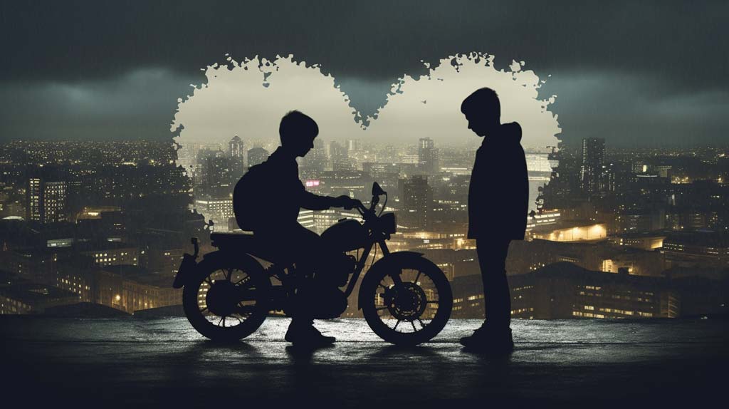 A striking image that captures the heartache of Cardiff's tragedy. The silhouette of two boys on a motorbike against the cityscape signifies departure and loss. In the foreground, a shattered heart symbolizes the city's sorrow, accentuated by the somber dusk and the quiet drizzle. The overall tone of the image induces a deep sense of sadness and loss.