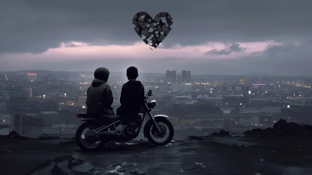 Plea for honesty, a striking image that captures the heartache of Cardiff's tragedy. The silhouette of two boys on a motorbike against the cityscape signifies departure and loss. In the foreground, a shattered heart symbolizes the city's sorrow, accentuated by the somber dusk and the quiet drizzle. The overall tone of the image induces a deep sense of sadness and loss.