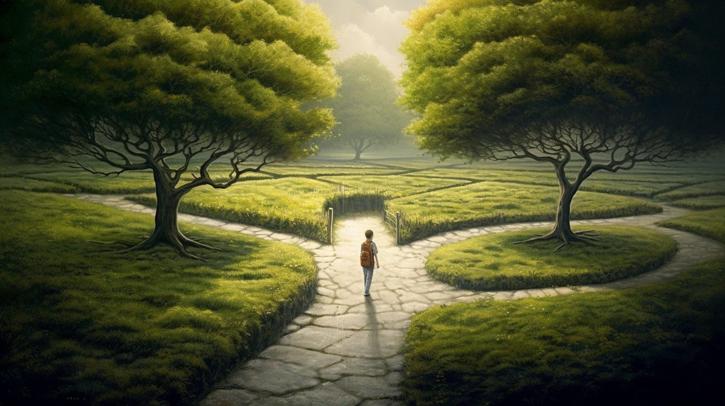 A man standing at a crossroads in a lush, green maze, symbolising the concept of respecting people.