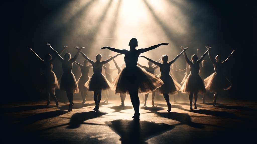 An exquisite image of a ballet performance, with dancers poised in a moment of intense choreography. Their bodies express a narrative of struggle and resilience, symbolizing the complex interplay between fear, stress, and our well-being. The stage lighting casts dramatic shadows, adding depth and tension to the scene.