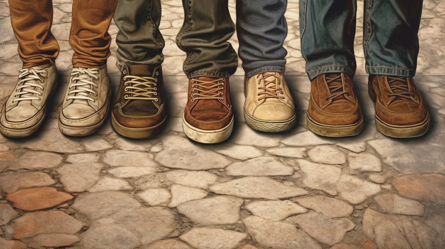 A range of unique shoes on a stone-paved street, symbolising the different journeys we undertake while respecting others' paths