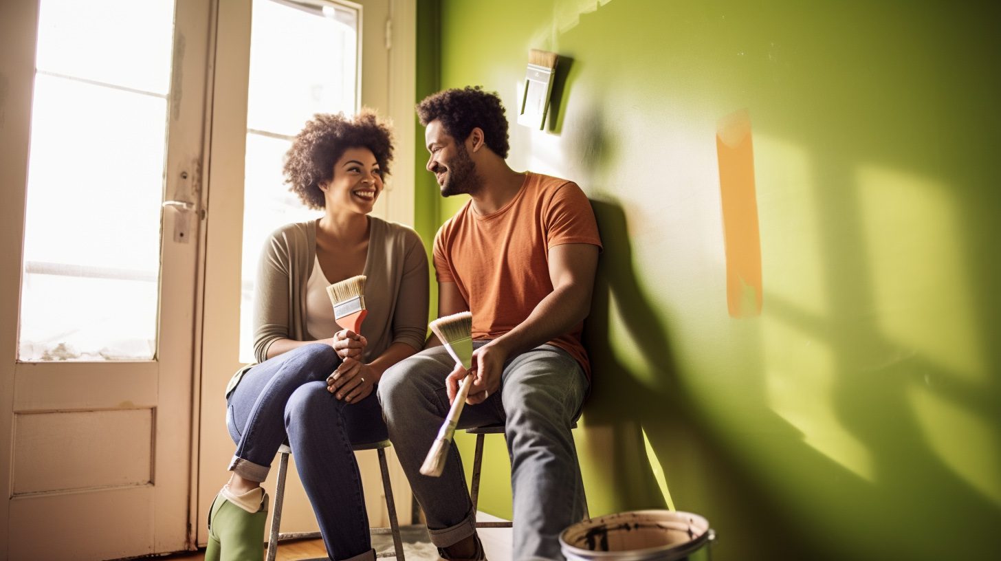 A couple joyfully painting a room together, demonstrating effective communication and collaboration in their relationship. Change your mindset to grow together.