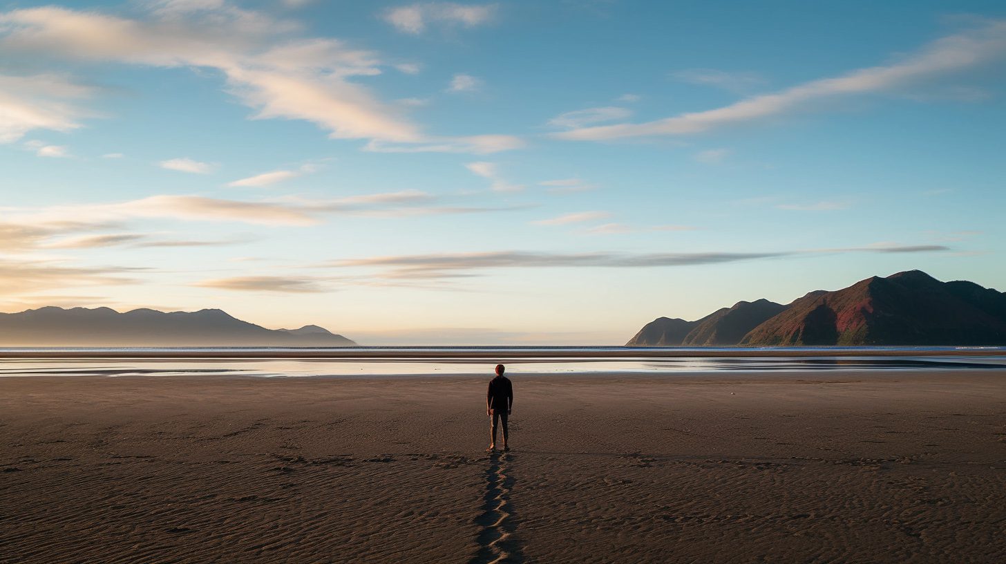 A lone individual standing in a peaceful, open space symbolizing self-discovery and respect for others' paths