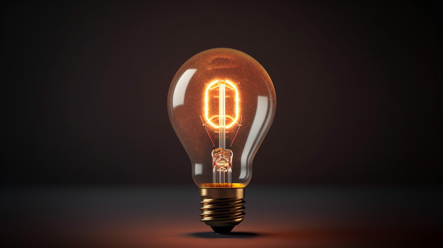 Creative thinking concept. A high-resolution, photorealistic image of a glowing incandescent light bulb, standing out brilliantly against a dark background. The light bulb, with its fine details sharply captured, symbolizes innovation and ideas