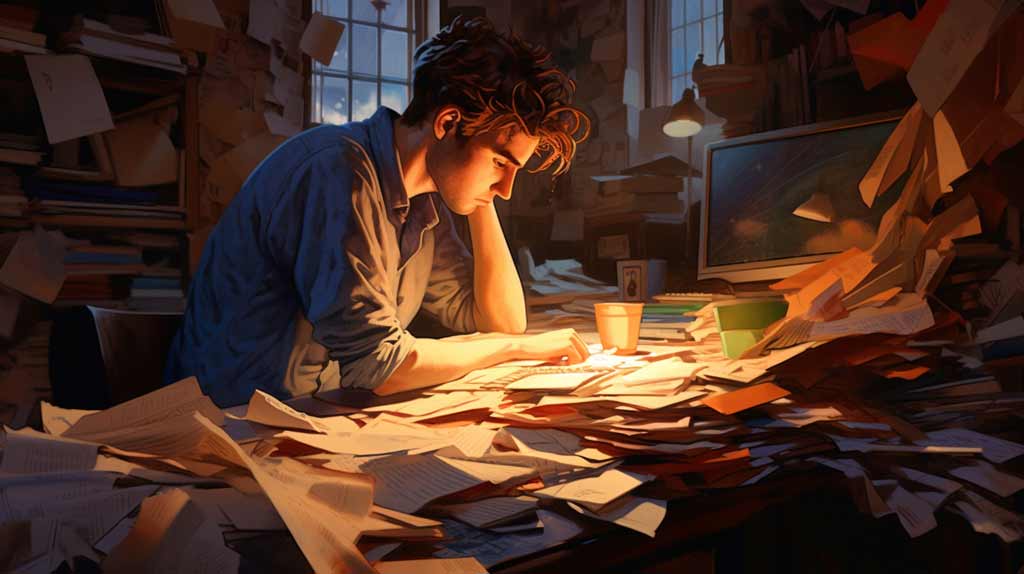 Choking or Overwhelming? A person is depicted in a state of deep contemplation at a cluttered desk, with scattered papers and a glowing computer screen. They exhibit a look of concern, reflecting the pressures and challenges of modern work life.
