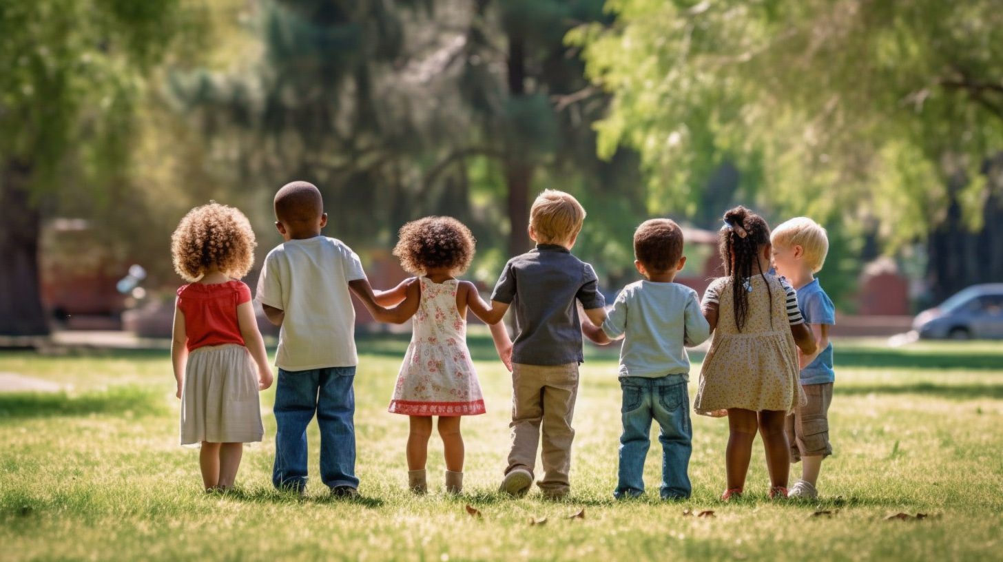 A group of diverse children happily playing together, showcasing the positive social aspects of childhood without parents