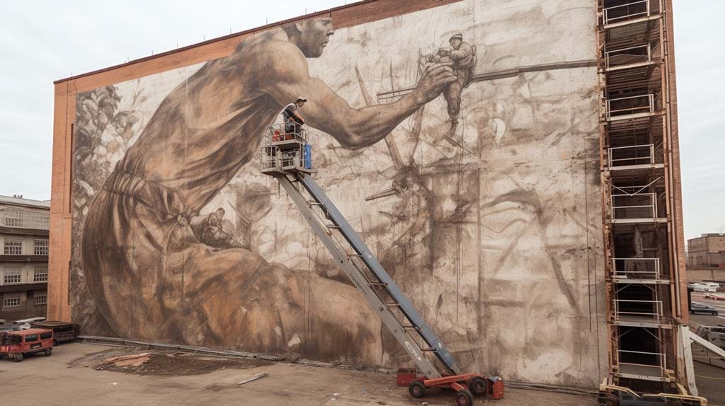 Image showcases an artist, high on a scaffold, painting a large mural on a tall building, embodying a sense of overcoming monumental challenges.