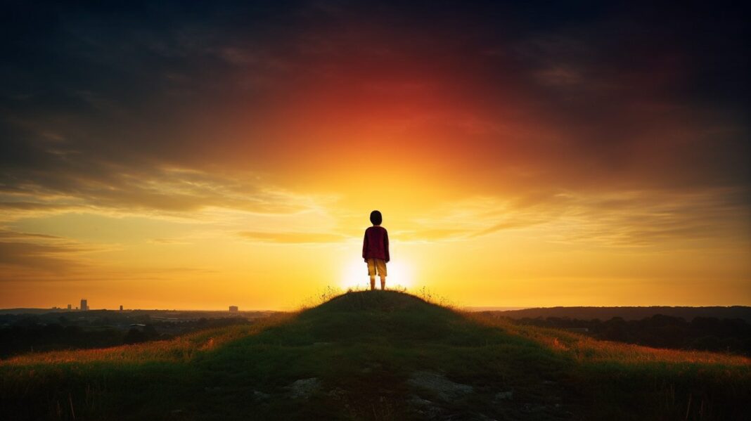 Where is my angel? A silhouette of a person looking up towards the sky in anticipation, standing in an open field with a beautiful gradient sky