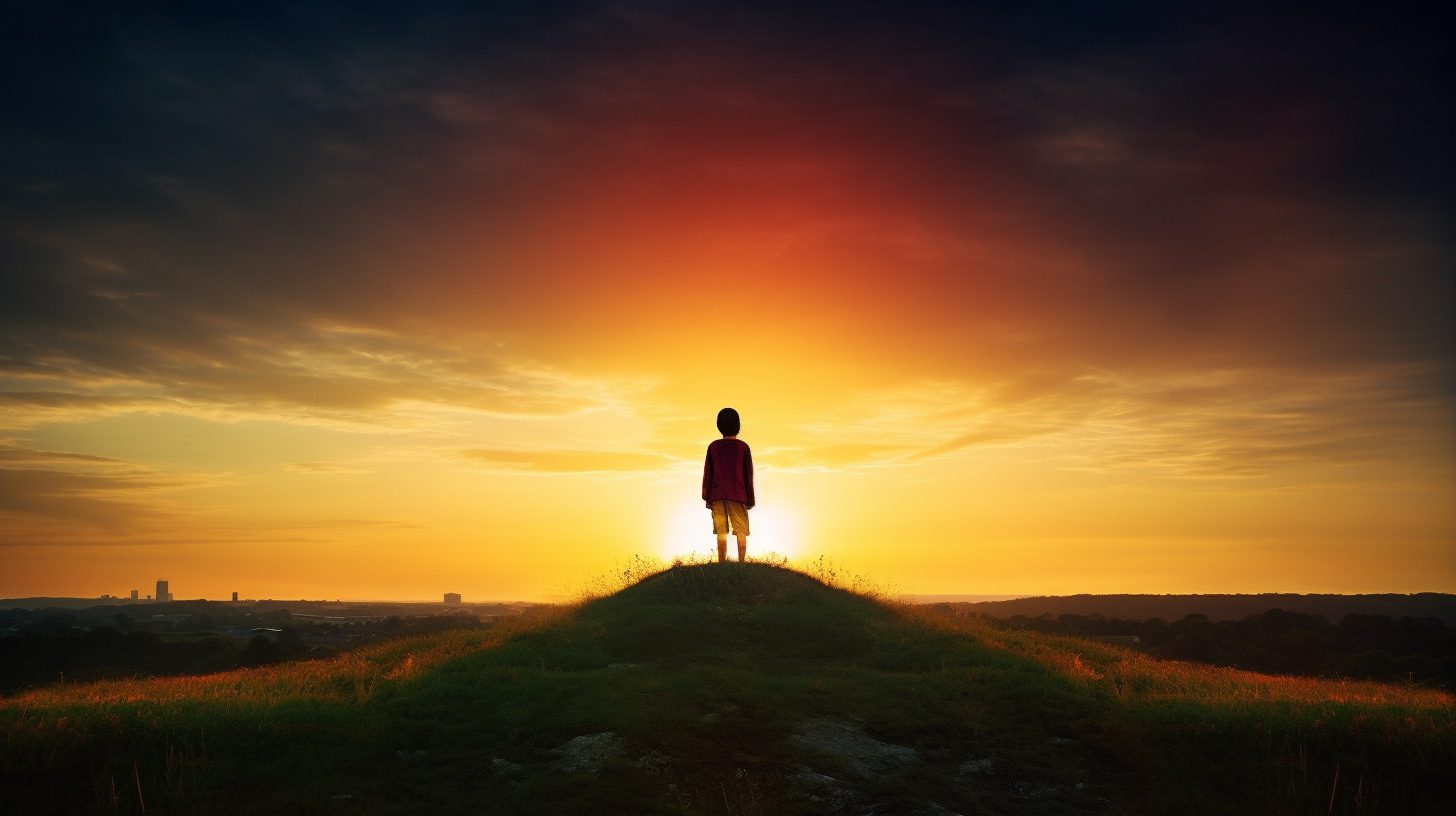 Where is my angel? A silhouette of a person looking up towards the sky in anticipation, standing in an open field with a beautiful gradient sky
