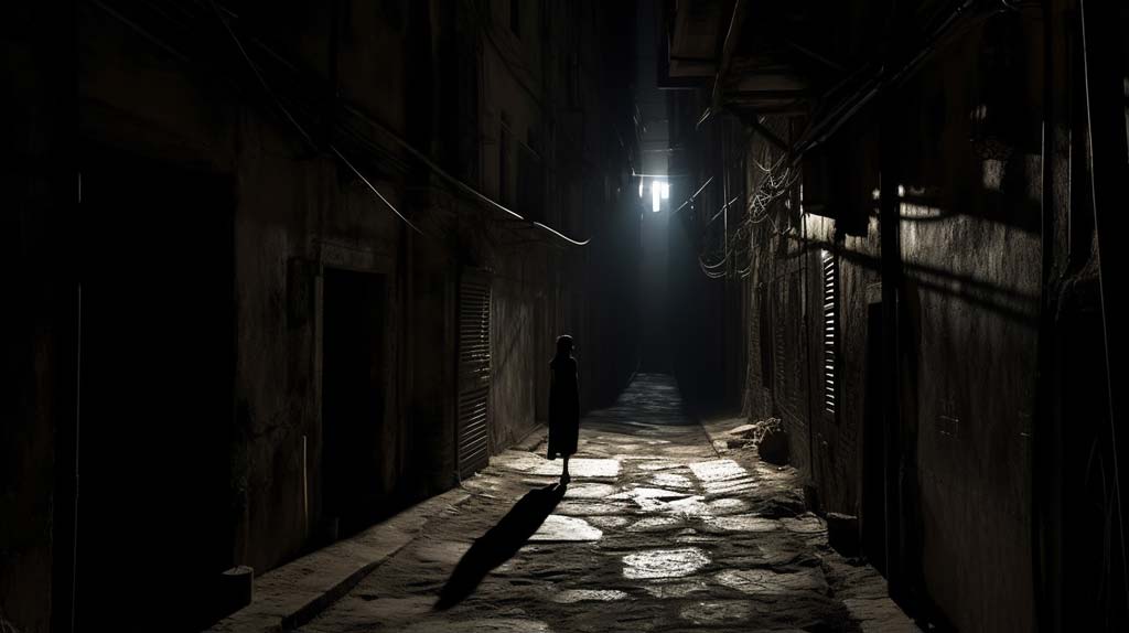 A chilling image set in a dimly lit, narrow alleyway. A figure stands in the center, their body language rigid and tense, reflecting a state of high alert. Their face, partially hidden in the shadows, exudes a palpable sense of dread. The color palette is dominated by cold blues and grays, enhancing the atmosphere of fear and stress.