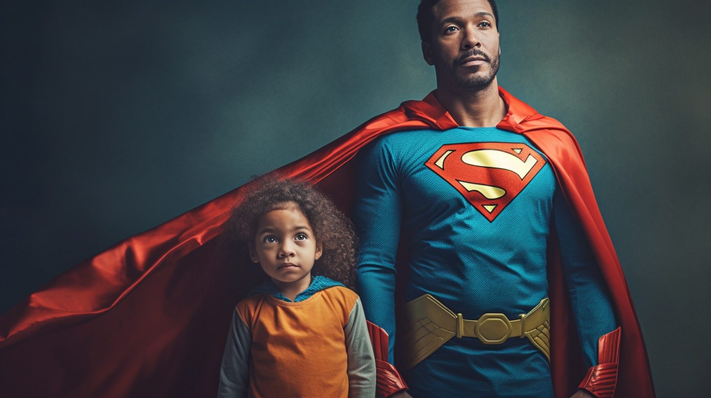 A humorous photo-realistic image of a parent and child dressed as superheroes, showcasing the mix of excitement and exhaustion in dealing with the oressure of being a parent