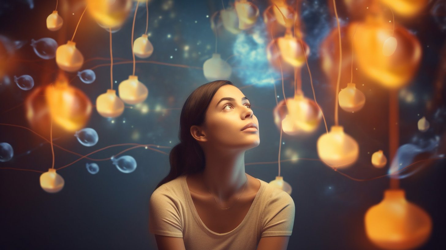 An individual deep in creative thinking, surrounded by glowing light bulbs and thought bubbles, symbolizing the intense process of brainstorming and seeking better solutions.