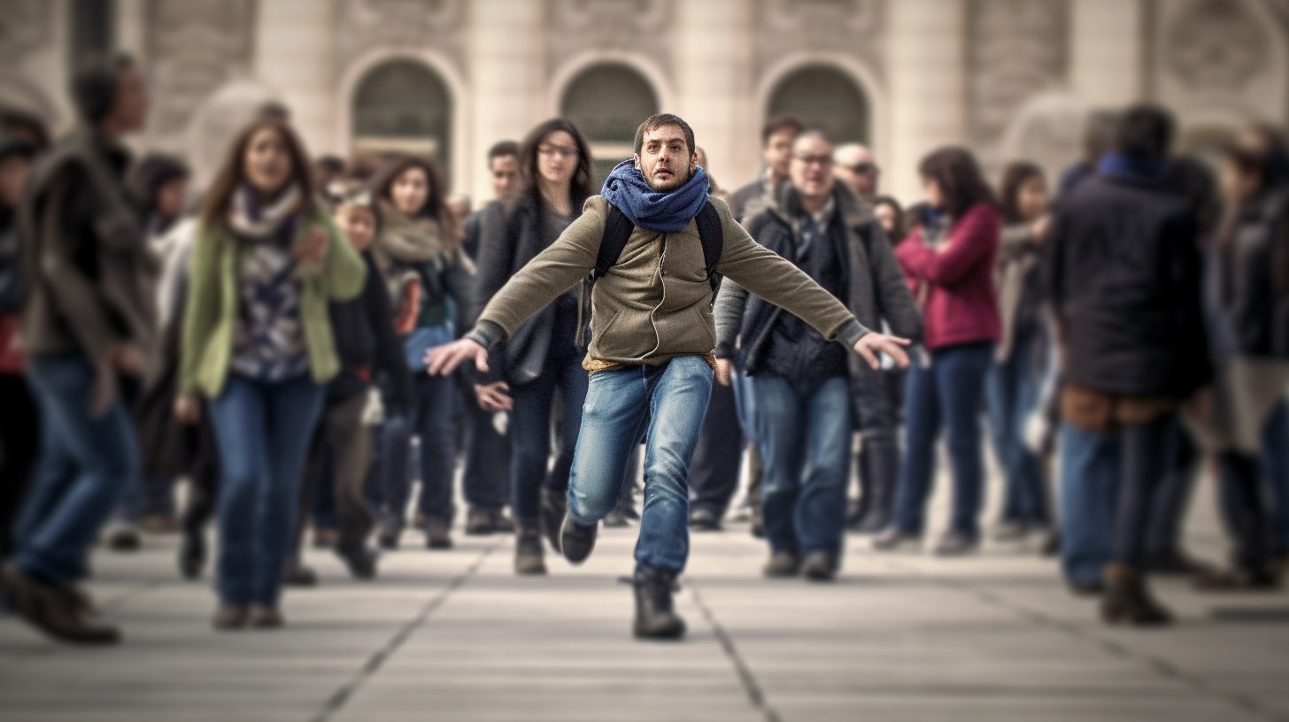 A man catching himself just in time from tripping over, symbolising the concept of learning from our mistakes, set against a busy, blurred background of people on their own paths