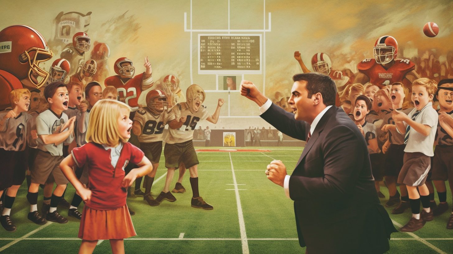 Side-by-side comparison of office workers competing for promotions and parents cheering at a school sports event, showcasing the similarity in competition and pressure - Parental Pressure