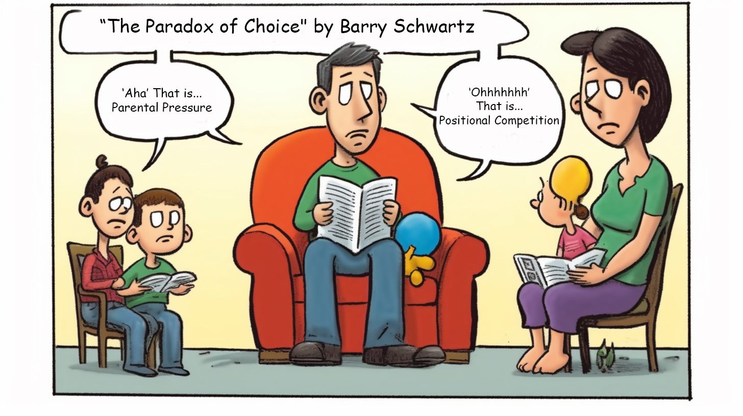 Parent reading "The Paradox of Choice" and having an "aha" moment about positional competition