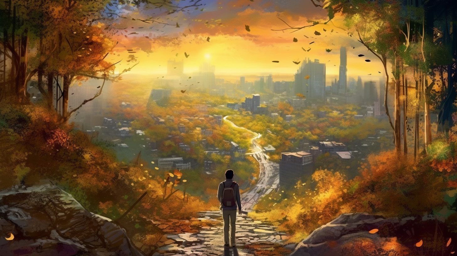A thoughtful individual stands at a forested on the path. The traditional beaten path on one side leads to a cityscape, while a vibrant, less traveled path full of abstract shapes and colors symbolizing creativity stretches on the other. The golden hour lighting adds a profound depth and high contrast to the scene.